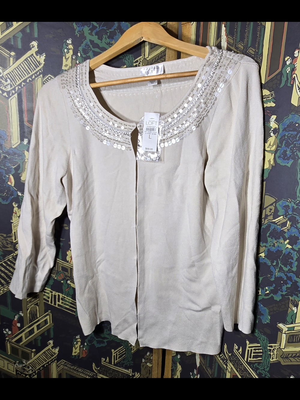 Loft Ivory Sequin Neckline 3/4 Sleeve Lightweight Cardigan sz L